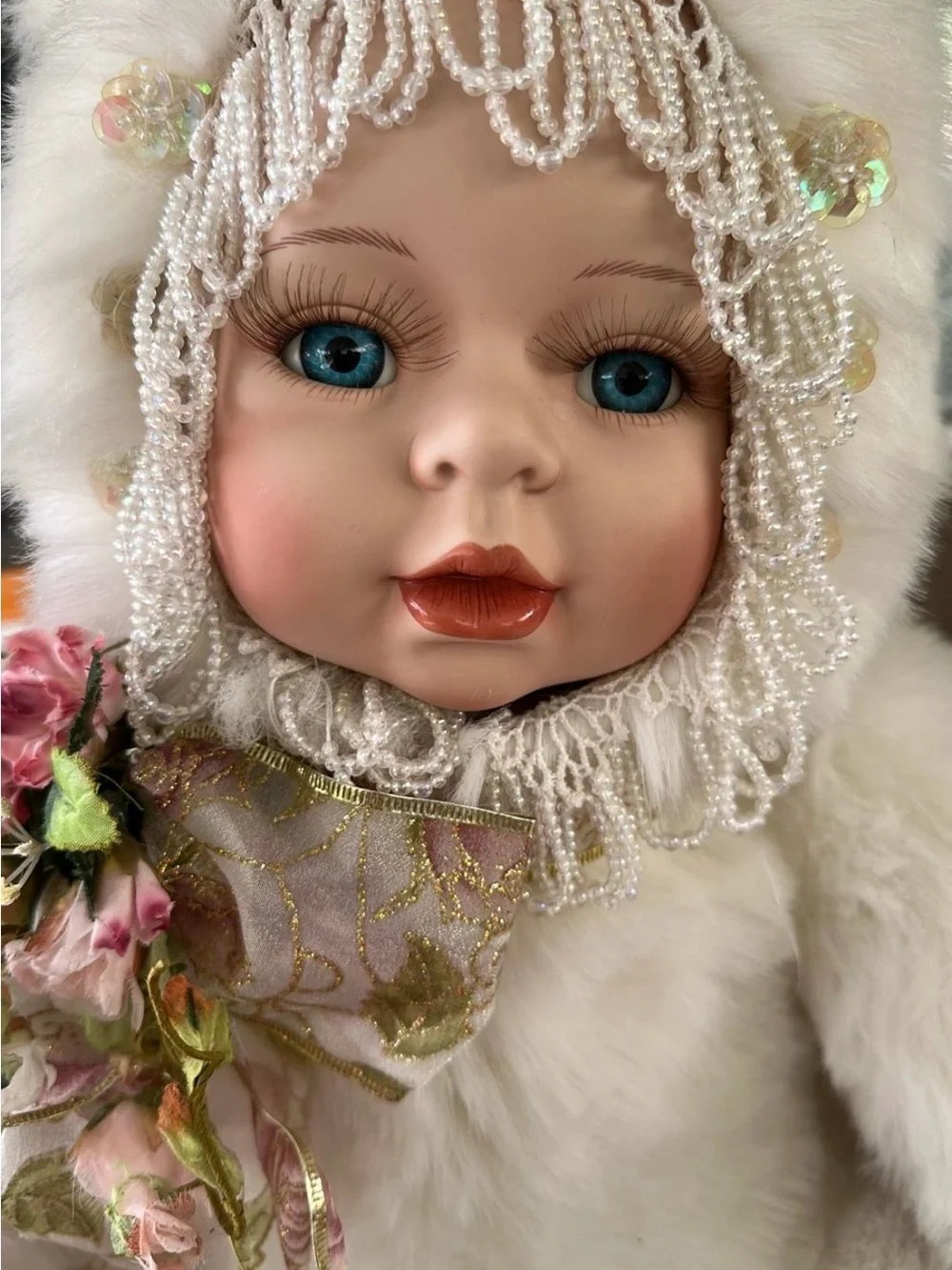 Plush White Teddy Bear Doll with Decorative Bonnet - Brand Unspecified